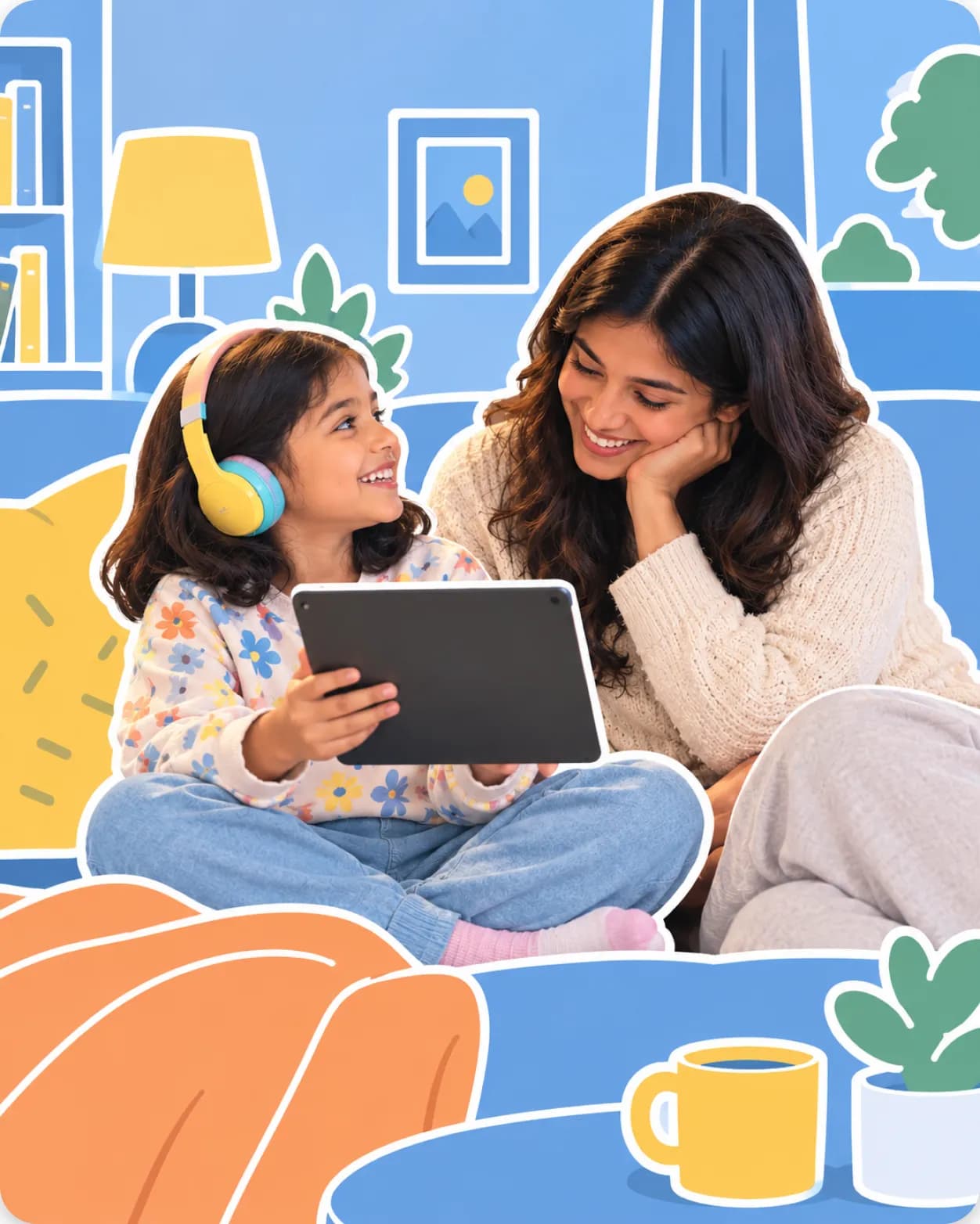 Illustrated living room where a smiling mother and her daughter, wearing headphones, share a tablet on the sofa