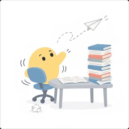 A cartoon learner spinning on a chair and throwing a paper plane instead of reading