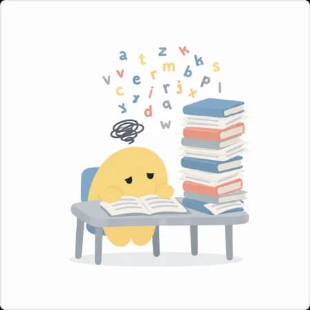 A tired cartoon learner slumped over an open book, surrounded by jumbled letters and a tall stack of books