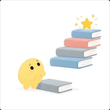 A worried cartoon learner at the bottom of a staircase of books with a star at the top