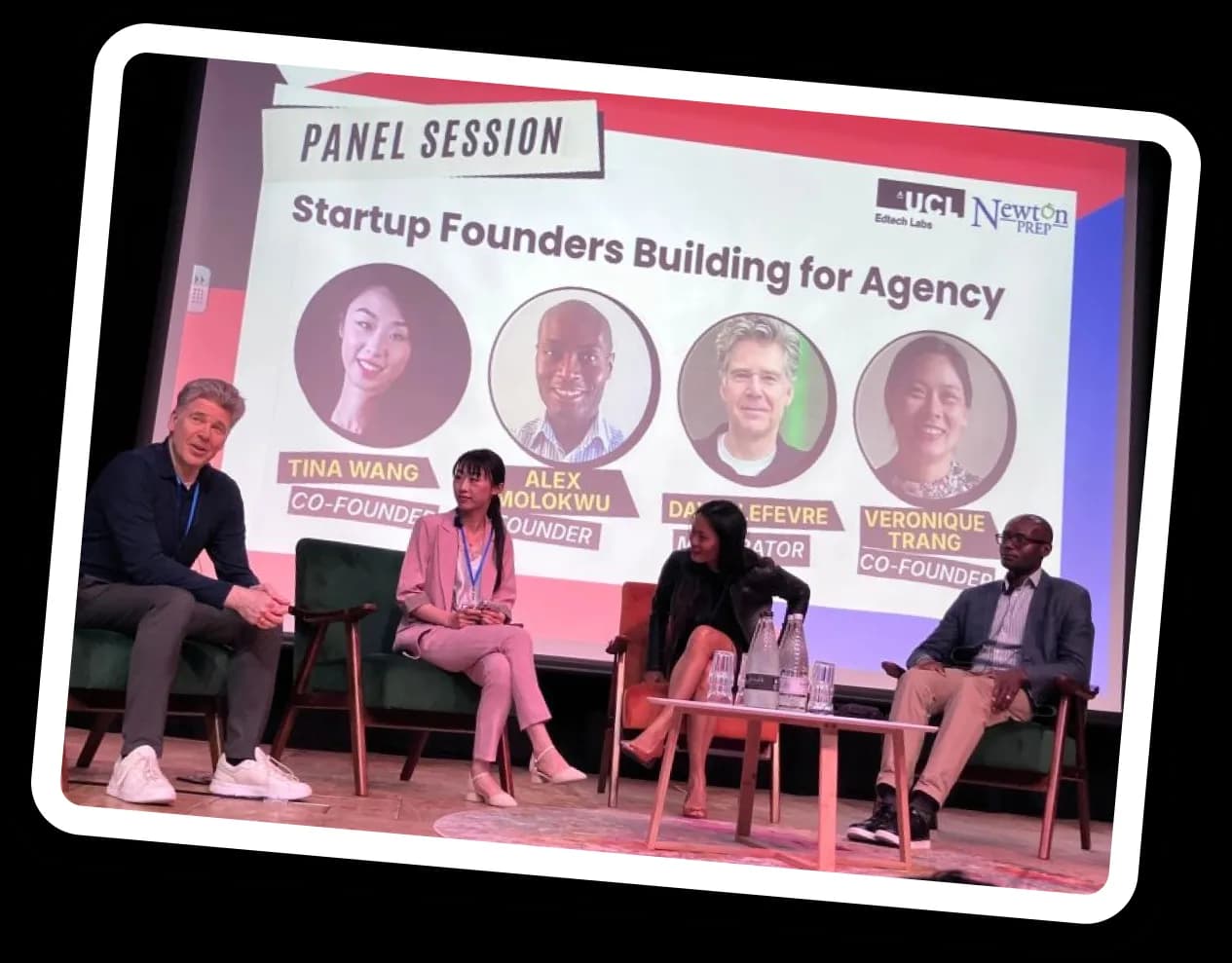 Alex on stage with other founders at the Startup Founders Building for Agency panel session