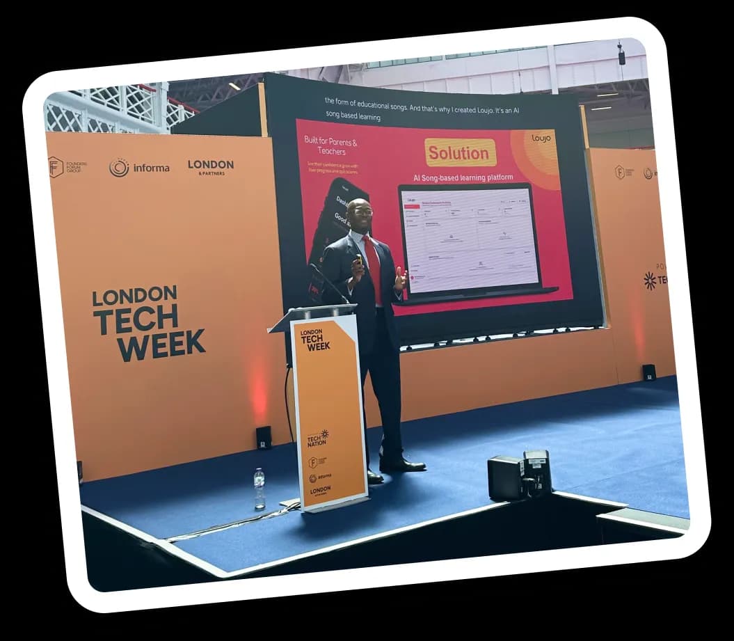 Alex presents Loujo on the Ignite stage at London Tech Week