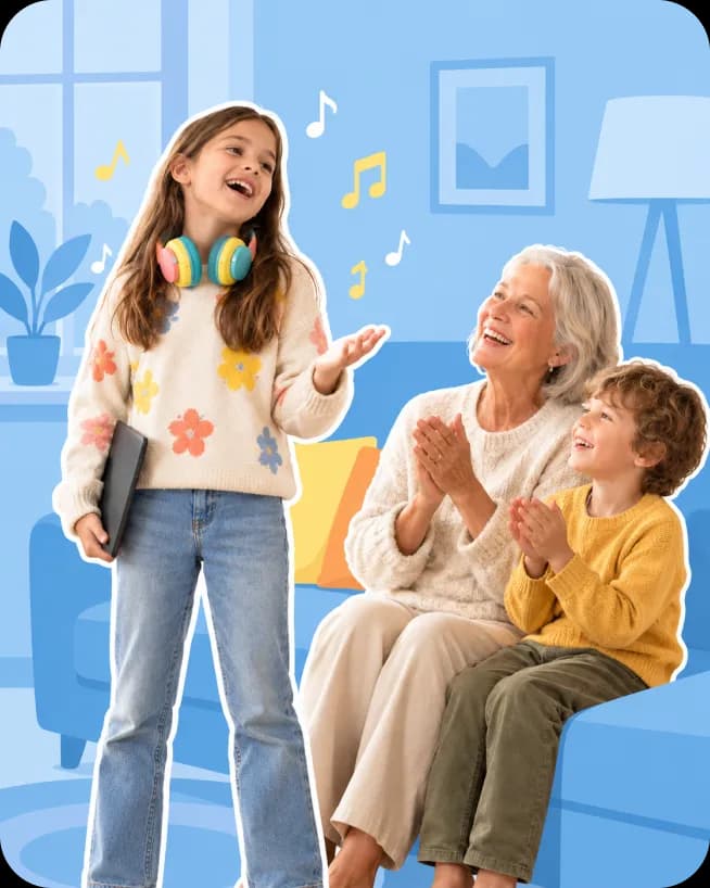 A girl sings while her grandmother and younger brother clap along