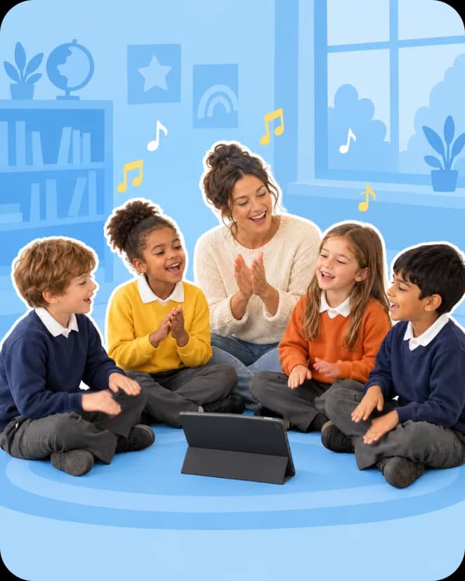 A teacher and five pupils sit in a circle around a tablet, clapping to music