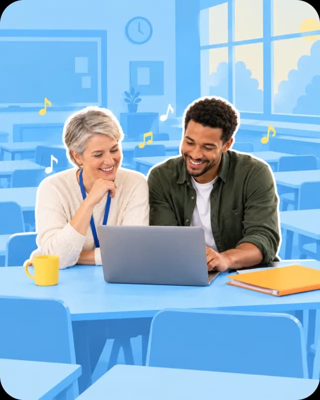 Two teachers smile at a laptop in a classroom
