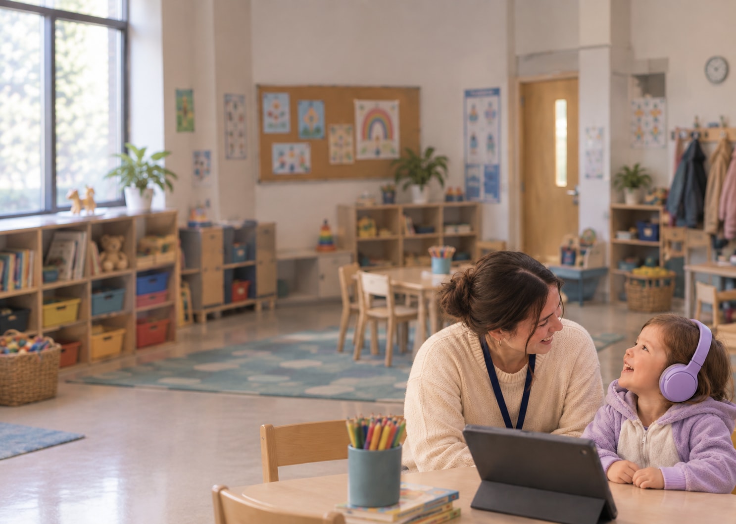 A teacher and a smiling child wearing headphones learn together in a bright classroom