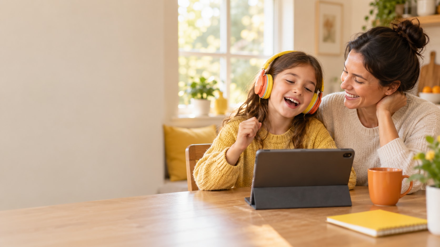 A smiling girl wearing headphones learns on a tablet at the kitchen table while her mother watches