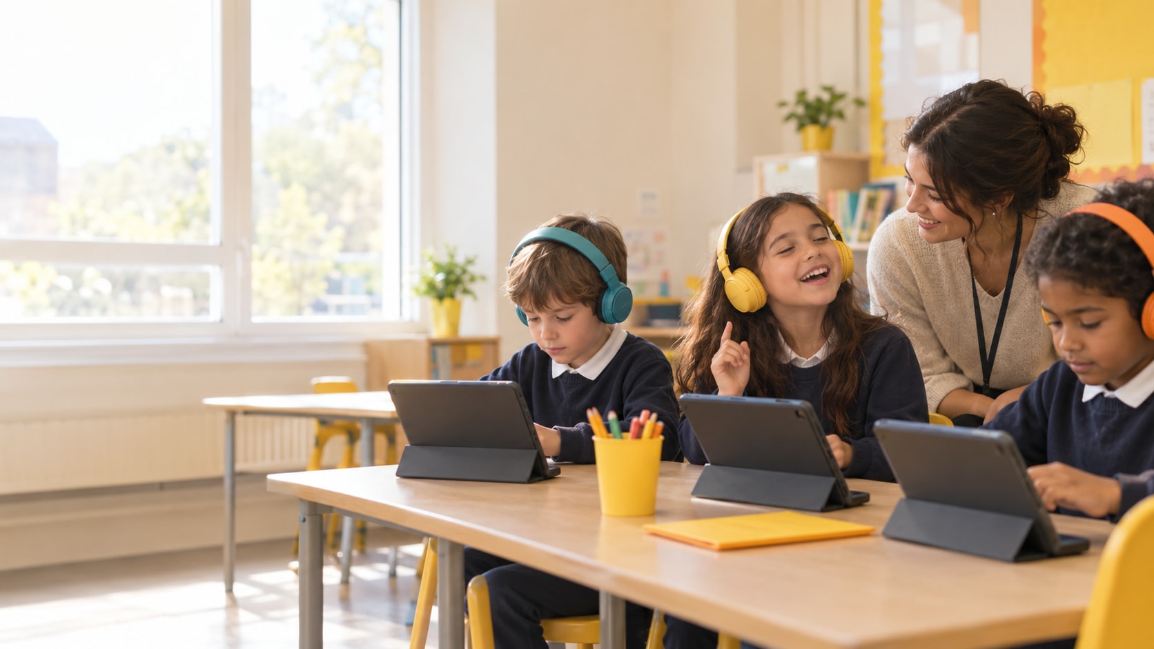 A smiling teacher leans in as pupils wearing headphones learn on tablets in a bright classroom